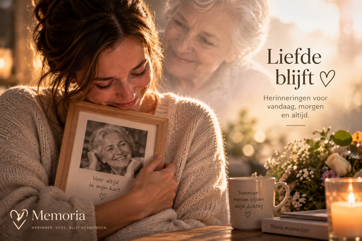 Een dochter die de foto van haar moeder liefdevol vasthoudt